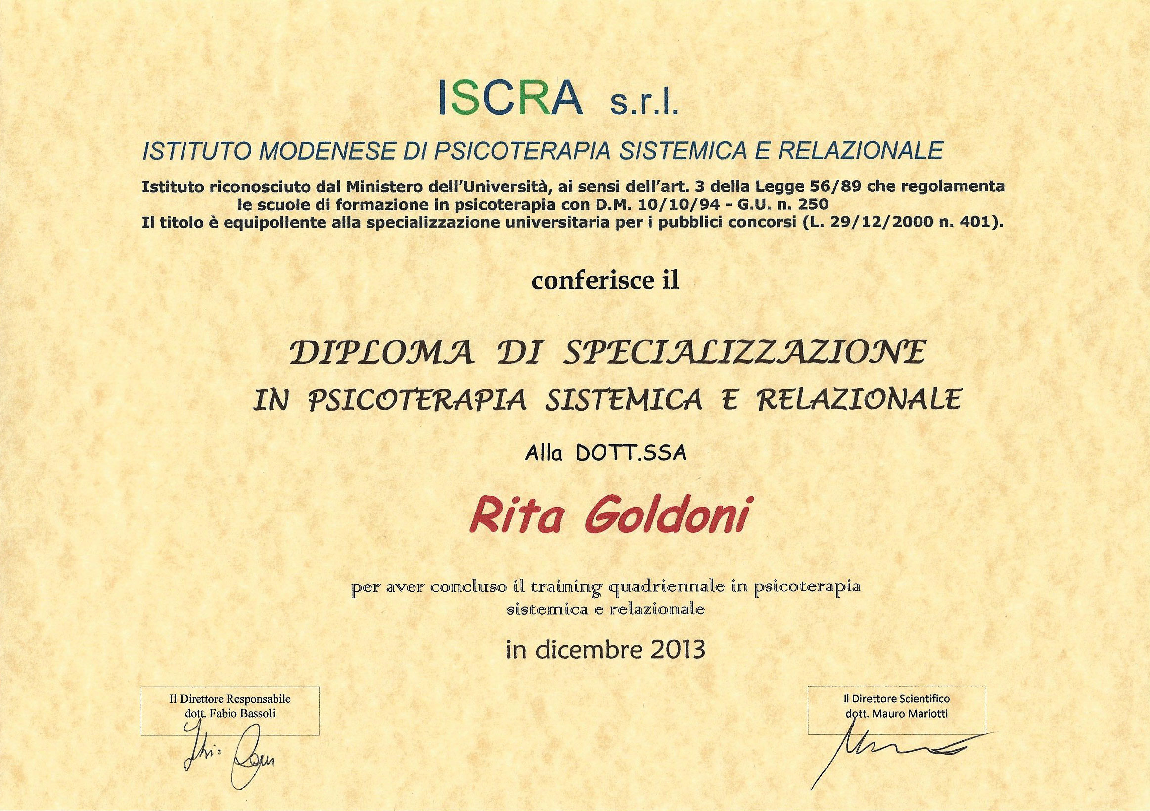 diploma di specializzazione iscra
